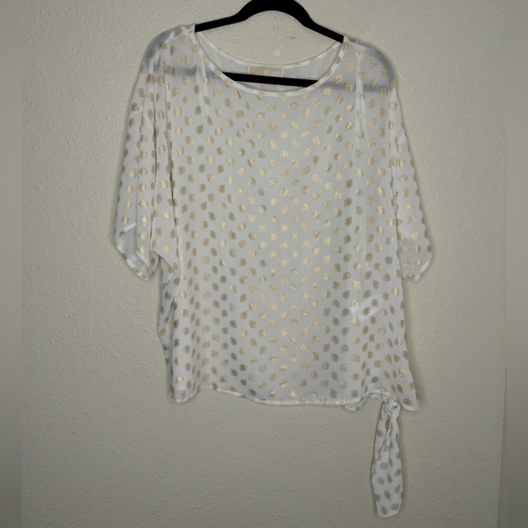 Michael Michael Kors Sheer Side Tie White Top with Gold Leaf Print Size 1X - Picture 1 of 8